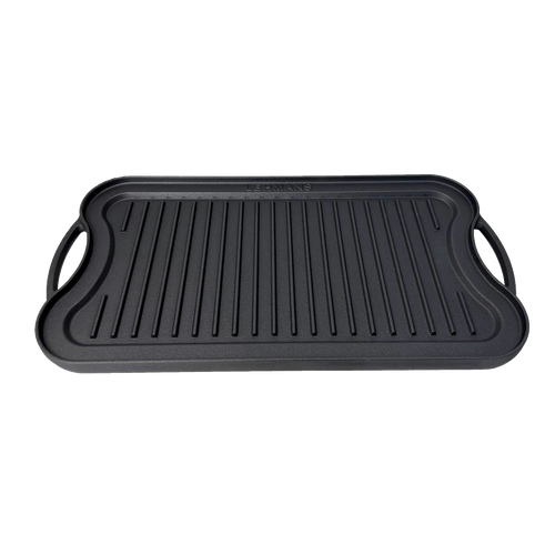Two-sided nitrogen hardened cast iron griddle with flat and ribbed surfaces, featuring ergonomic handles, handcrafted for durable grilling in Kitchen & Food and Cookware collections.