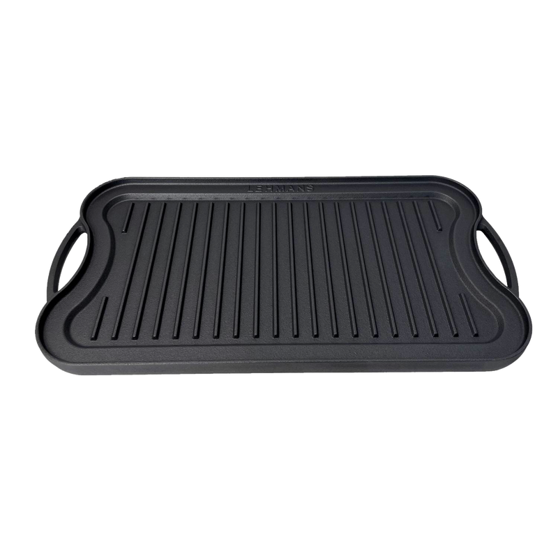 Two-sided nitrogen hardened cast iron griddle with flat and ribbed surfaces, featuring ergonomic handles, handcrafted for durable grilling in Kitchen & Food and Cookware collections.