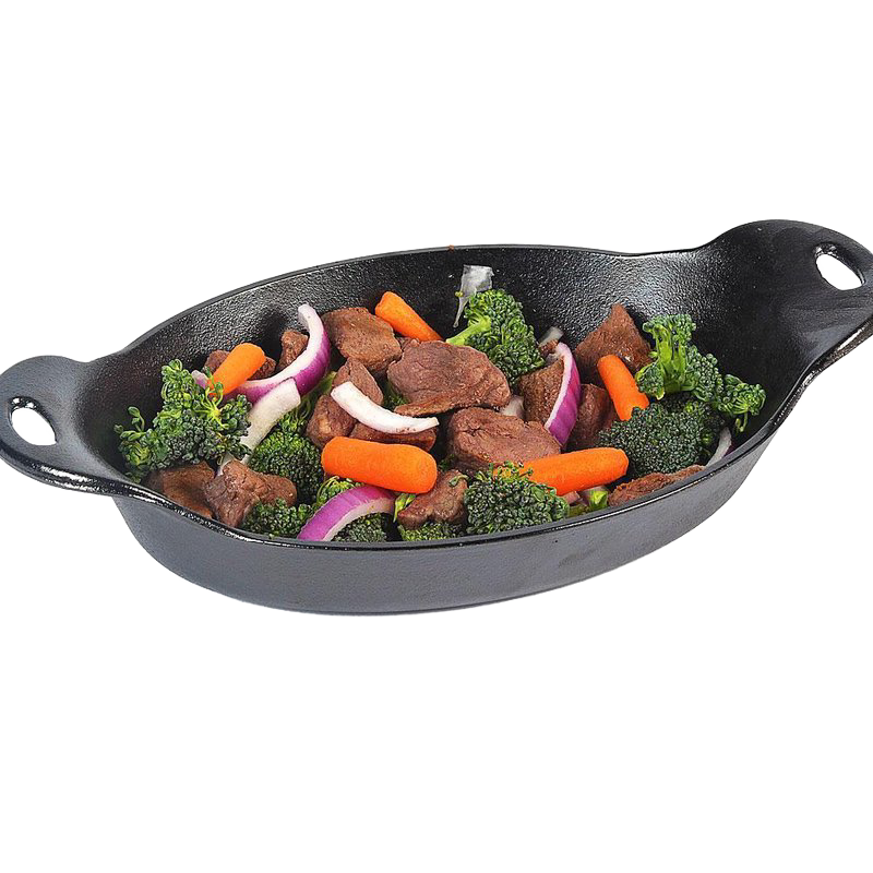 Cast iron oval mini server filled with cooked beef, broccoli florets, baby carrots, and sliced red onions, ideal for Kitchen & Food, Cast Iron, Cookware, and USA Made collections.