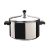 Classic stainless steel covered saucepot with black handles and knob, featuring a thick aluminum core base for even heat, ideal for kitchens, cookware, and best sellers collections.