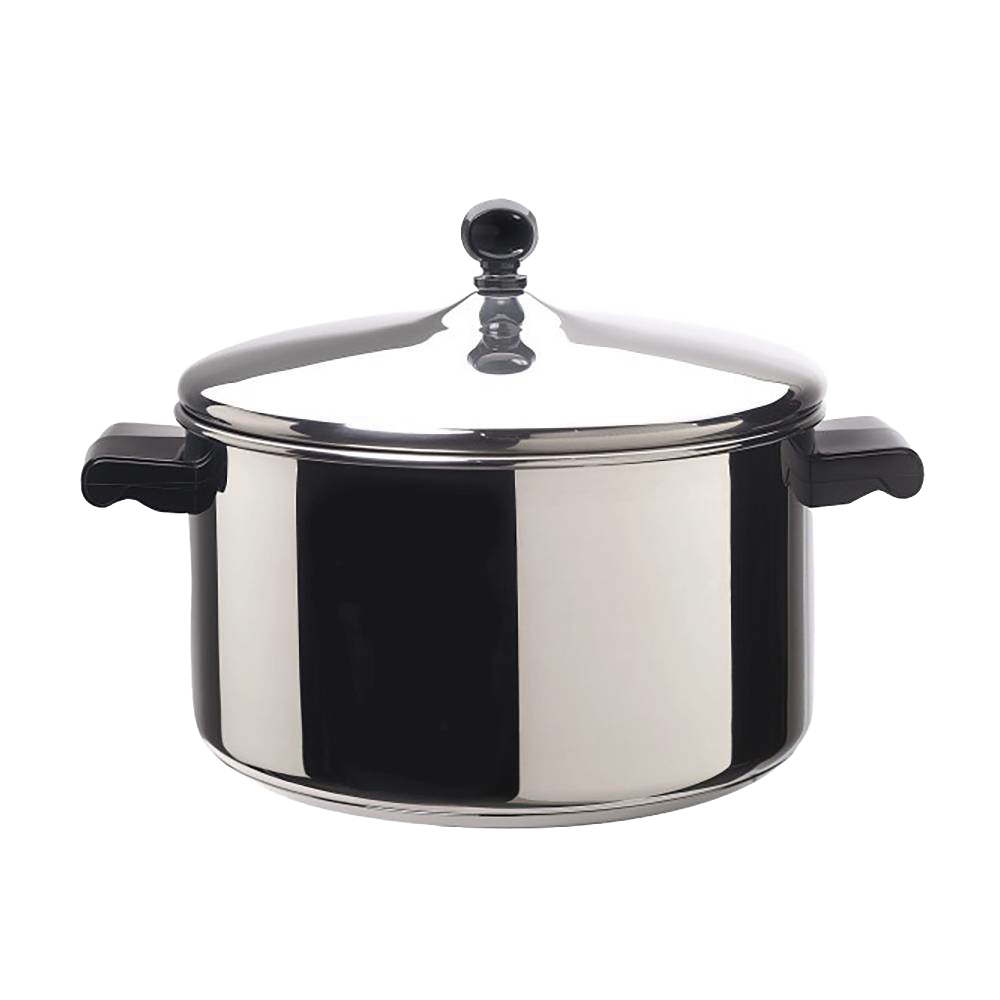 Classic stainless steel covered saucepot with black handles and knob, featuring a thick aluminum core base for even heat, ideal for kitchens, cookware, and best sellers collections.