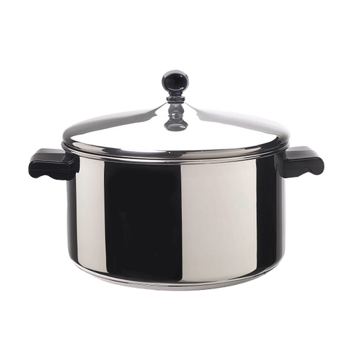 Classic stainless steel covered saucepot with black handles and knob, featuring a thick aluminum core base for even heat, ideal for kitchens, cookware, and best sellers collections.