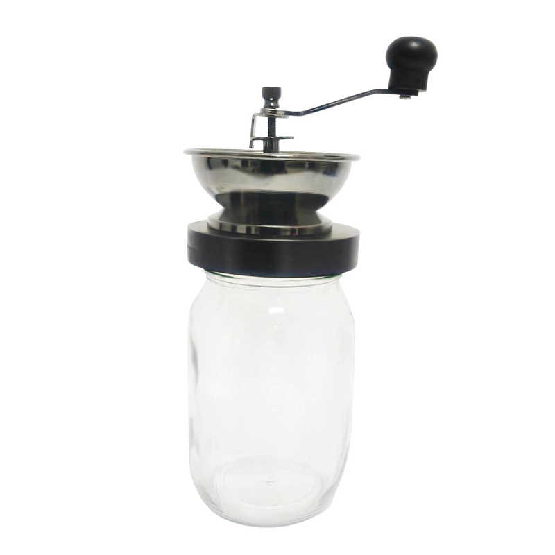 Handcrafted Amish-made mason jar coffee grinder with a ceramic burr and hand crank, designed for consistent fresh grinding, ideal for Kitchen & Food, Brewing Coffee and Tea, Kitchen Gadgets, and Best Sellers collections.