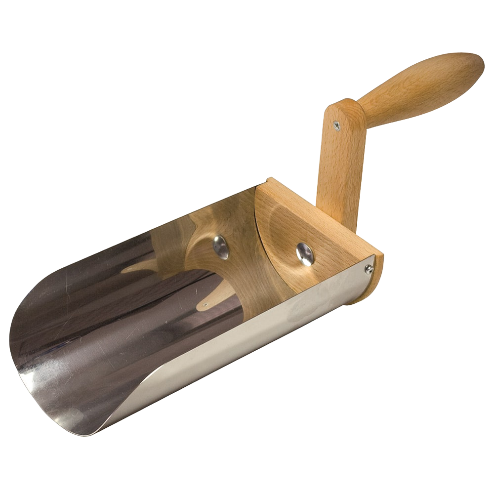 Handcrafted gutter shovel with a stainless steel scoop and oiled beechwood handle, designed for easy debris removal, featured in Farm, Garden & Tool, Digging and Cultivating, Lawncare, and Best Sellers.