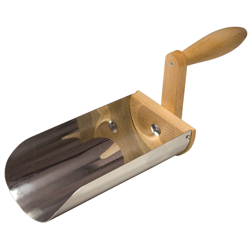 Handcrafted gutter shovel with a stainless steel scoop and oiled beechwood handle, designed for easy debris removal, featured in Farm, Garden & Tool, Digging and Cultivating, Lawncare, and Best Sellers.