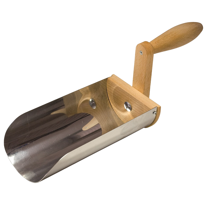Handcrafted gutter shovel with a stainless steel scoop and oiled beechwood handle, designed for easy debris removal, featured in Farm, Garden & Tool, Digging and Cultivating, Lawncare, and Best Sellers.