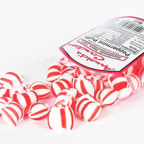 Handcrafted peppermint puffs with distinctive red and white stripes, gluten and preservative free, made in the USA, ideal for Kitchen & Food, Snacks and Sweets, USA Made, Best Sellers, and Promo Eligible collections.
