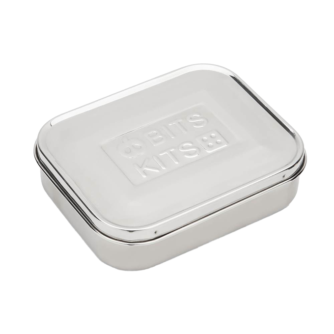 Compact stainless steel snack container with a secure lid featuring embossed branding, designed for durable, reusable food storage in Kitchen & Food and Storage and Serving collections.
