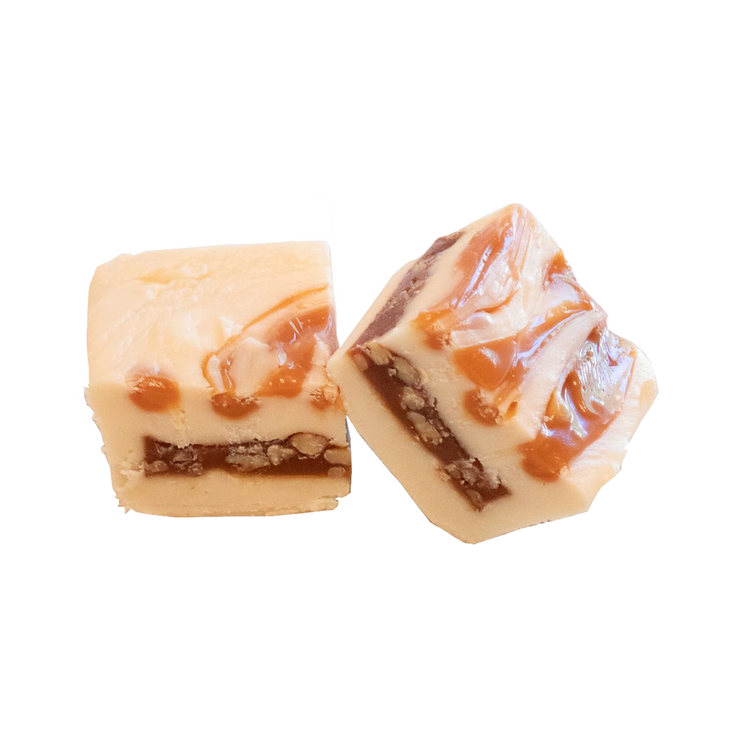 Two handcrafted creamy caramel and chocolate layered fudge pieces with swirls and a smooth, melt-in-your-mouth texture, featured in Kitchen & Food, Food, Snacks and Sweets, USA Made, Best Sellers, and Promo Eligible collections.
