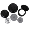 Set of seven handcrafted black and gray reCAP lids including pour spouts and drip trays, designed for Mason jars, eco-friendly and durable for Home & Decor, Household Helpers, USA Made, and Best Sellers collections.