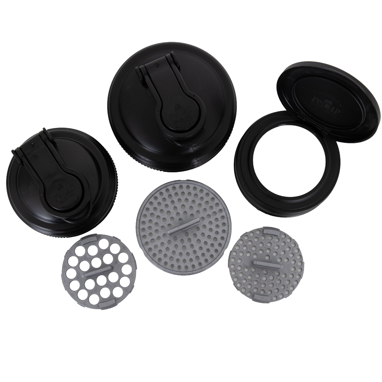 Set of seven handcrafted black and gray reCAP lids including pour spouts and drip trays, designed for Mason jars, eco-friendly and durable for Home & Decor, Household Helpers, USA Made, and Best Sellers collections.