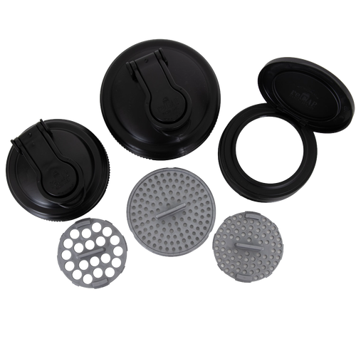 Set of seven handcrafted black and gray reCAP lids including pour spouts and drip trays, designed for Mason jars, eco-friendly and durable for Home & Decor, Household Helpers, USA Made, and Best Sellers collections.