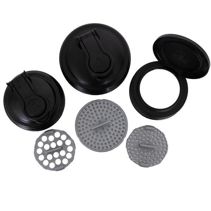 Set of seven handcrafted black and gray reCAP lids including pour spouts and drip trays, designed for Mason jars, eco-friendly and durable for Home & Decor, Household Helpers, USA Made, and Best Sellers collections.