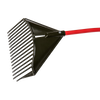 Unique handcrafted rake with a sturdy red handle and black angled tines, designed for versatile yard cleanup and featured in Farm, Garden & Tool and Garden Accessories collections.