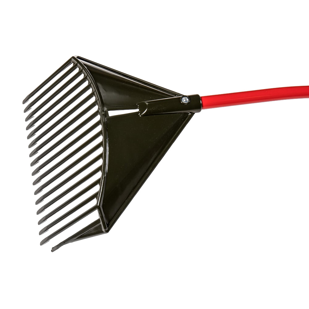 Unique handcrafted rake with a sturdy red handle and black angled tines, designed for versatile yard cleanup and featured in Farm, Garden & Tool and Garden Accessories collections.