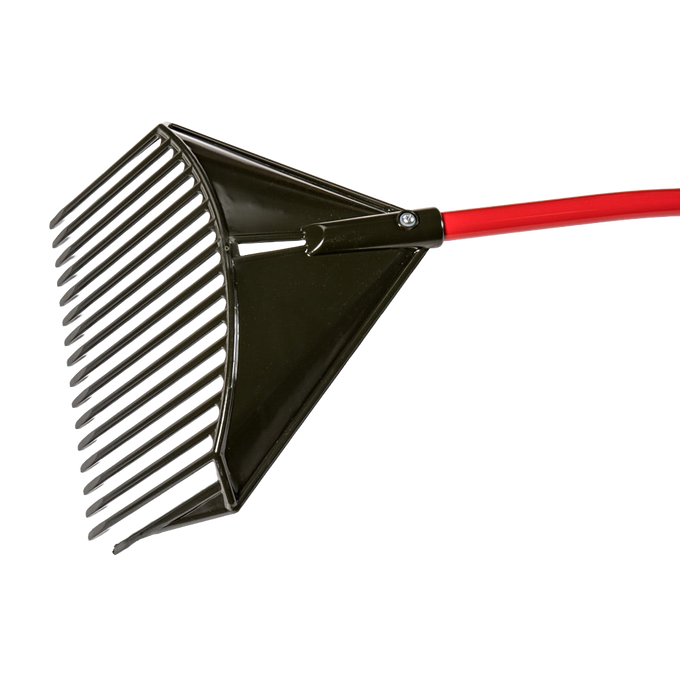 Unique handcrafted rake with a sturdy red handle and black angled tines, designed for versatile yard cleanup and featured in Farm, Garden & Tool and Garden Accessories collections.