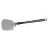 Flexible stainless steel grill spatula with a long black handle, featuring a flat, slightly curved blade designed for flipping and cutting food, ideal for grilling and kitchen tasks.