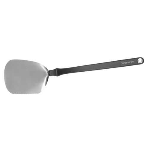 Flexible stainless steel grill spatula with a long black handle, featuring a flat, slightly curved blade designed for flipping and cutting food, ideal for grilling and kitchen tasks.