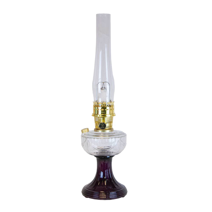 Handcrafted oil lamp featuring a clear glass bowl over an amethyst glass pedestal with brass burner, designed for lamps & lighting, oil lamps, and table lamps collections.