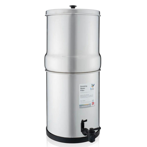 Stainless steel mid-size gravity water filter with a spigot, designed for reliable drinking water filtration, suitable for camping, emergency supplies, and farm use collections.