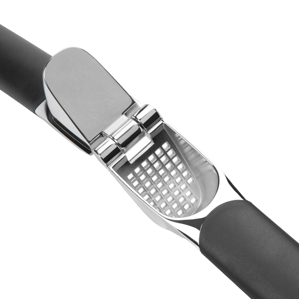 Garlic press with large stainless steel chamber and soft, non-slip handles designed for comfortable crushing, ideal for Kitchen & Food, Kitchen Gadgets, and Cooking and Baking Helpers collections.