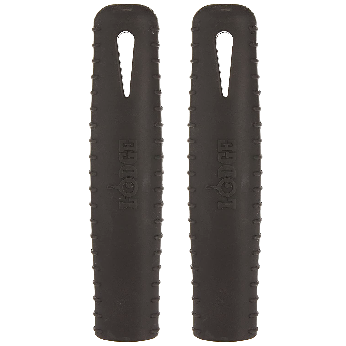 Pair of black silicone hot handle holders designed to protect hands from heat on steel skillet handles, featuring ridged grips and dishwasher-safe durability for kitchen use.
