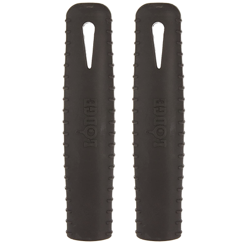 Pair of black silicone hot handle holders designed to protect hands from heat on steel skillet handles, featuring ridged grips and dishwasher-safe durability for kitchen use.