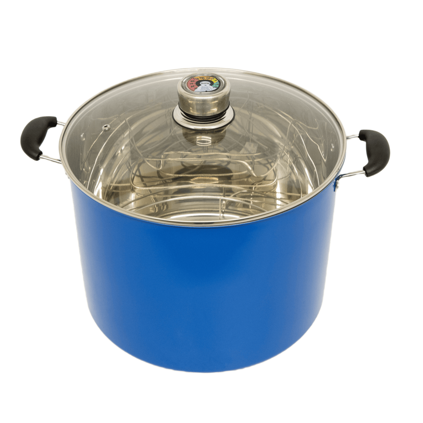 Bright blue 21.5-quart water bath canner with clear glass lid featuring built-in temperature gauge and black handles, designed for Kitchen & Food, Food Preservation, and Canning collections.