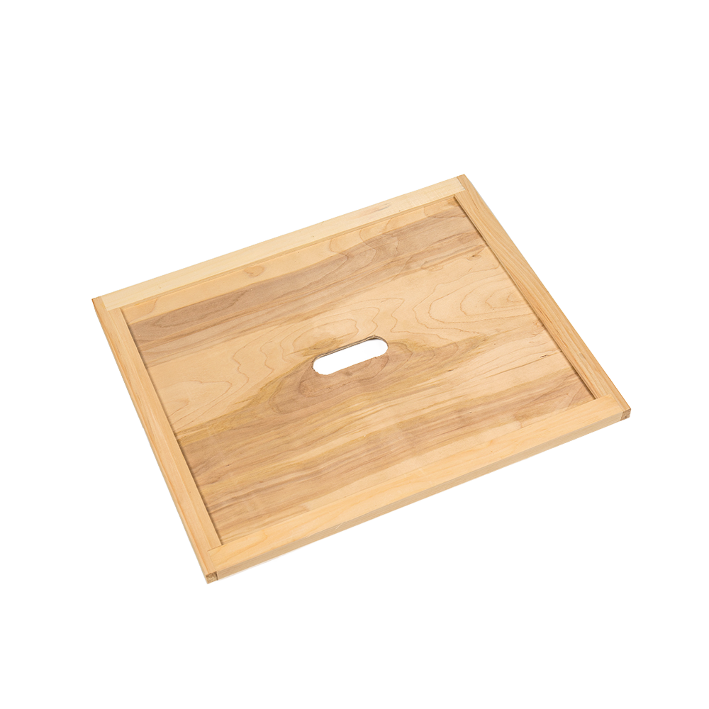 Handcrafted wooden beehive inner cover with smooth natural finish and central ventilation slot, Amish made and part of farm, garden, and beekeeping supplies collections.