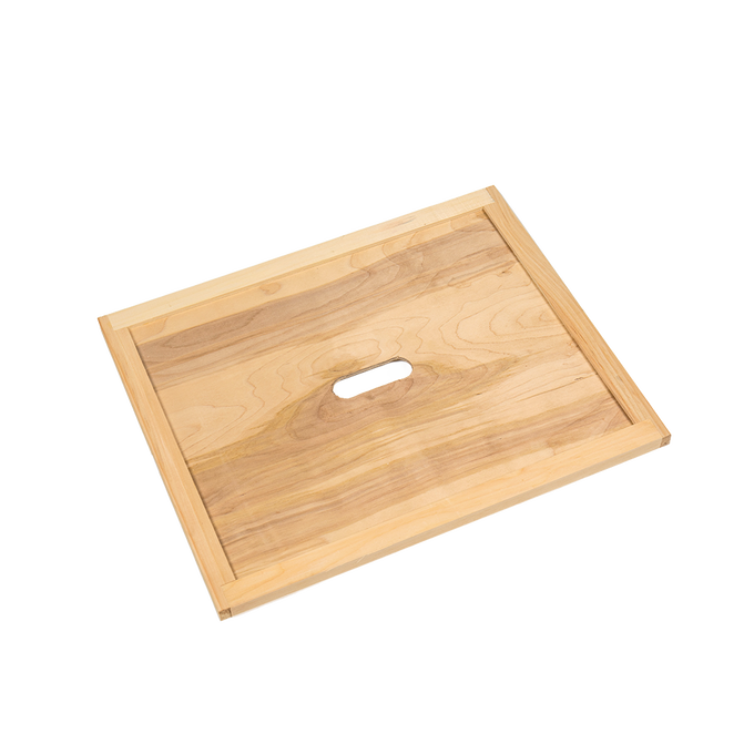 Handcrafted wooden beehive inner cover with smooth natural finish and central ventilation slot, Amish made and part of farm, garden, and beekeeping supplies collections.