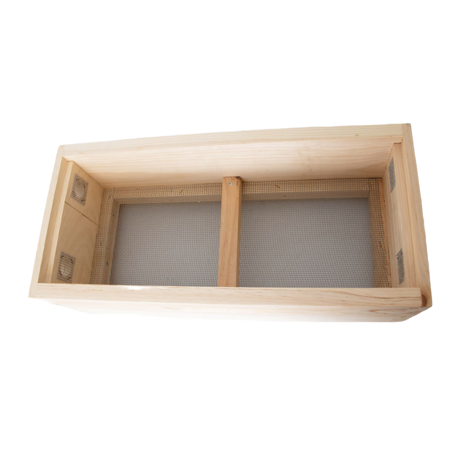 Handcrafted wooden quilt box with mesh bottom and ventilation, designed for moisture control in beekeeping, made in the USA and Amish crafted for farm and garden use.
