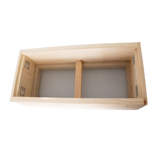 Handcrafted wooden quilt box with mesh bottom and ventilation, designed for moisture control in beekeeping, made in the USA and Amish crafted for farm and garden use.