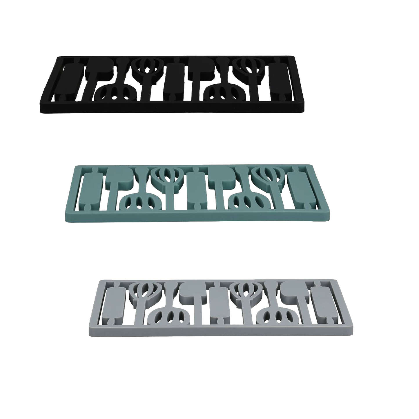 Three rectangular silicone trivets in black, teal, and light gray featuring a utensil pattern, designed for protecting surfaces during holiday hosting and kitchen use.