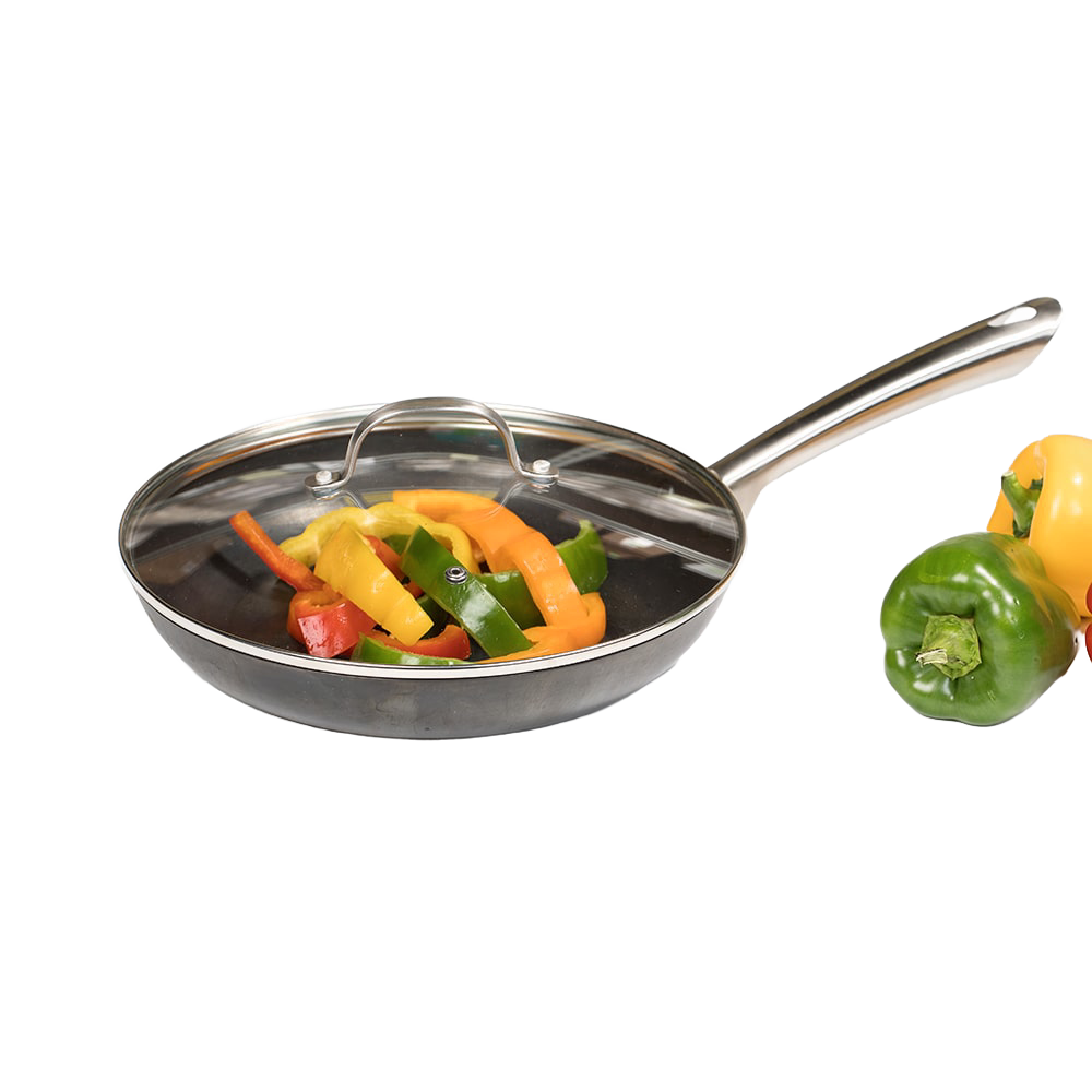 Lightweight nitrogen hardened cast iron skillet with smooth stainless steel handle and clear glass lid, containing sliced colorful bell peppers for Kitchen & Food and Cookware collections.