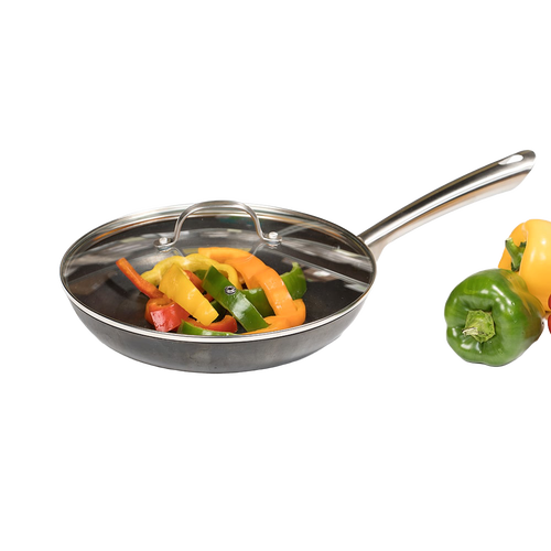 Lightweight nitrogen hardened cast iron skillet with smooth stainless steel handle and clear glass lid, containing sliced colorful bell peppers for Kitchen & Food and Cookware collections.