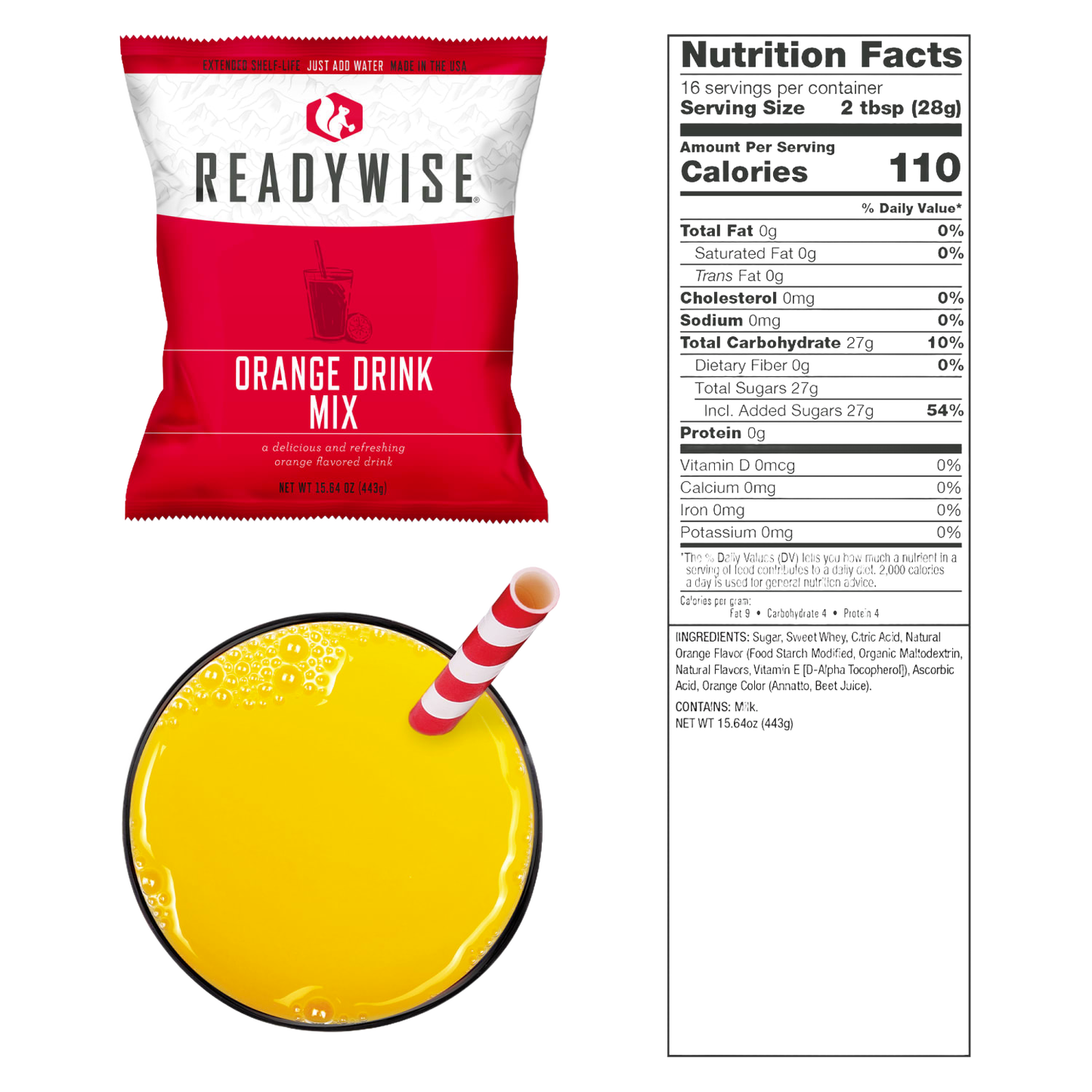 Single-serve orange drink mix packet in red and white packaging, accompanied by a glass of bright orange beverage with a striped straw, shown with a detailed nutrition facts label, ideal for emergency supplies, pantry, and kitchen use.