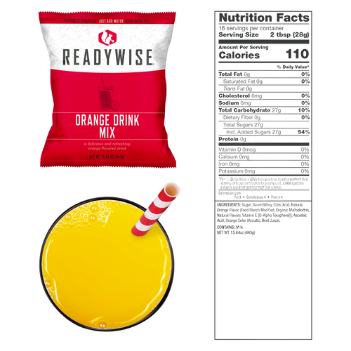 Single-serve orange drink mix packet in red and white packaging, accompanied by a glass of bright orange beverage with a striped straw, shown with a detailed nutrition facts label, ideal for emergency supplies, pantry, and kitchen use.