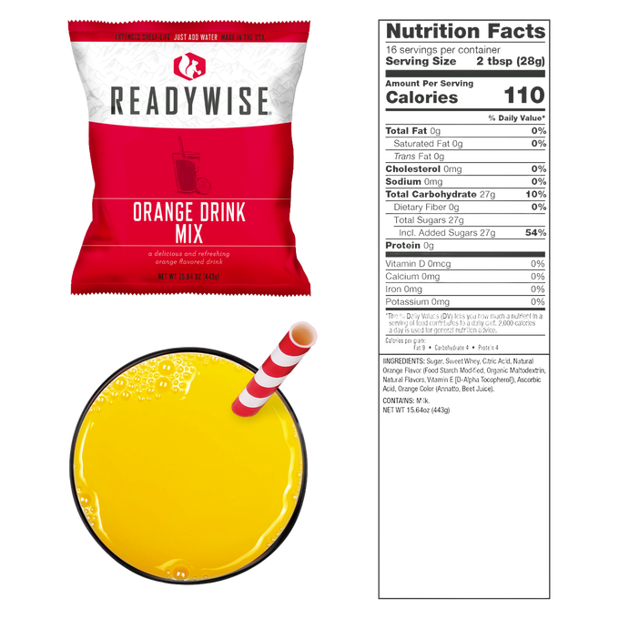 Single-serve orange drink mix packet in red and white packaging, accompanied by a glass of bright orange beverage with a striped straw, shown with a detailed nutrition facts label, ideal for emergency supplies, pantry, and kitchen use.