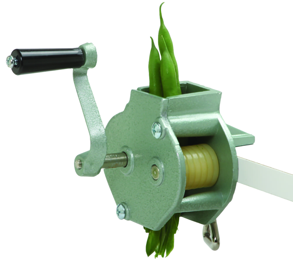 Compact kitchen gadget with stainless steel blades and aluminum body for slicing multiple green beans into thin slivers, ideal for food prep and chopping tasks.