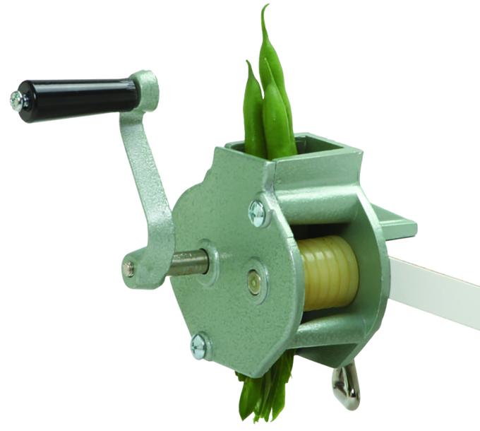 Compact kitchen gadget with stainless steel blades and aluminum body for slicing multiple green beans into thin slivers, ideal for food prep and chopping tasks.