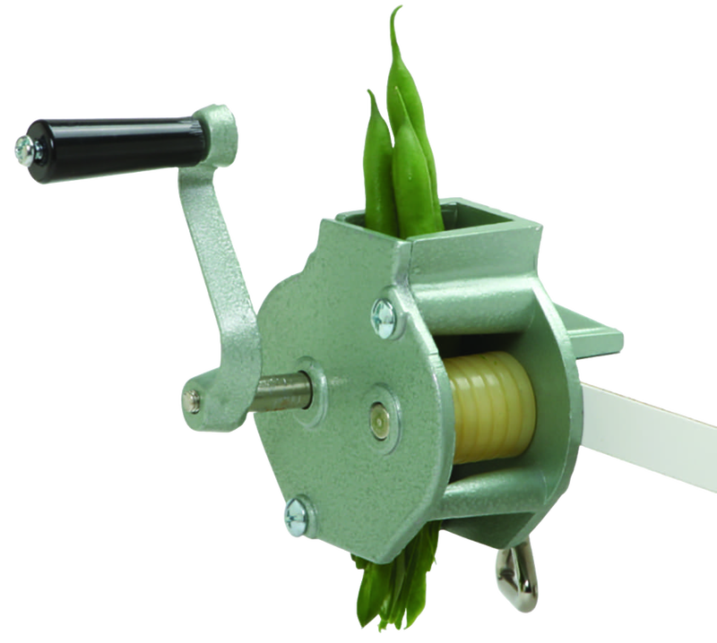 Compact kitchen gadget with stainless steel blades and aluminum body for slicing multiple green beans into thin slivers, ideal for food prep and chopping tasks.