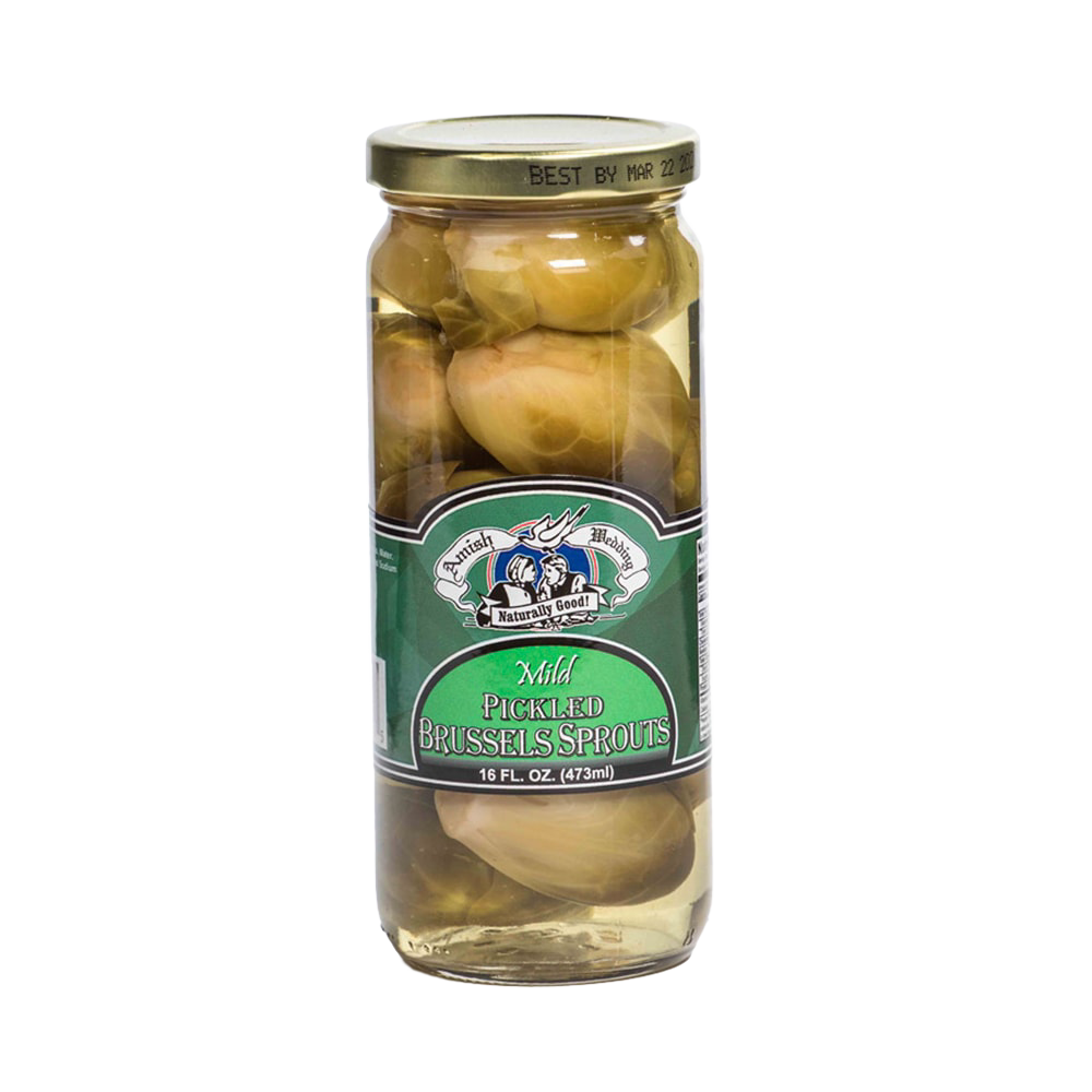 Clear glass jar filled with mild pickled brussels sprouts in light brine, featuring a green label and gold metal lid, ideal for Kitchen & Food, Pantry, USA Made, Best Sellers collections.