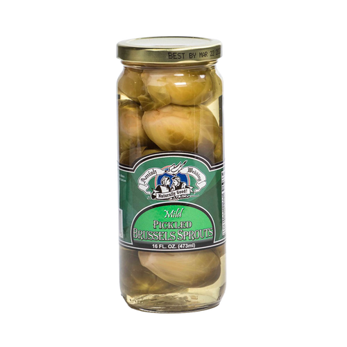 Clear glass jar filled with mild pickled brussels sprouts in light brine, featuring a green label and gold metal lid, ideal for Kitchen & Food, Pantry, USA Made, Best Sellers collections.
