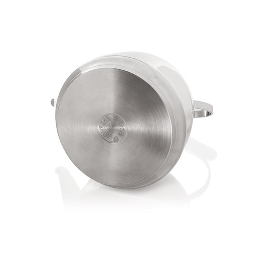 Bottom view of a polished stainless steel kettle showing the circular brushed metal base with embossed branding, designed for versatile use in Farm, Garden & Tool, Kitchen & Food, Camping, Brewing Coffee and Tea, Best Sellers, and Promo Eligible collections.