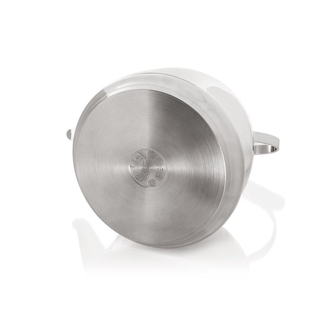 Bottom view of a polished stainless steel kettle showing the circular brushed metal base with embossed branding, designed for versatile use in Farm, Garden & Tool, Kitchen & Food, Camping, Brewing Coffee and Tea, Best Sellers, and Promo Eligible collections.
