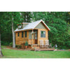 Cozy handcrafted tiny house with wood siding and metal roof, featuring a small porch with two rocking chairs, surrounded by lush green trees in a serene outdoor setting, ideal for Home and Garden How-To Books and Best Sellers collections.