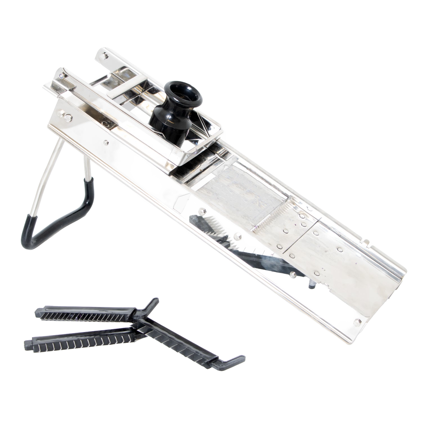 Stainless steel mandoline veggie slicer with black safety holder and interchangeable blades, designed for efficient food prep in Kitchen & Food and Cooking Helpers collections.