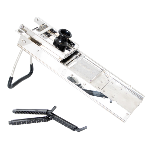 Stainless steel mandoline veggie slicer with black safety holder and interchangeable blades, designed for efficient food prep in Kitchen & Food and Cooking Helpers collections.