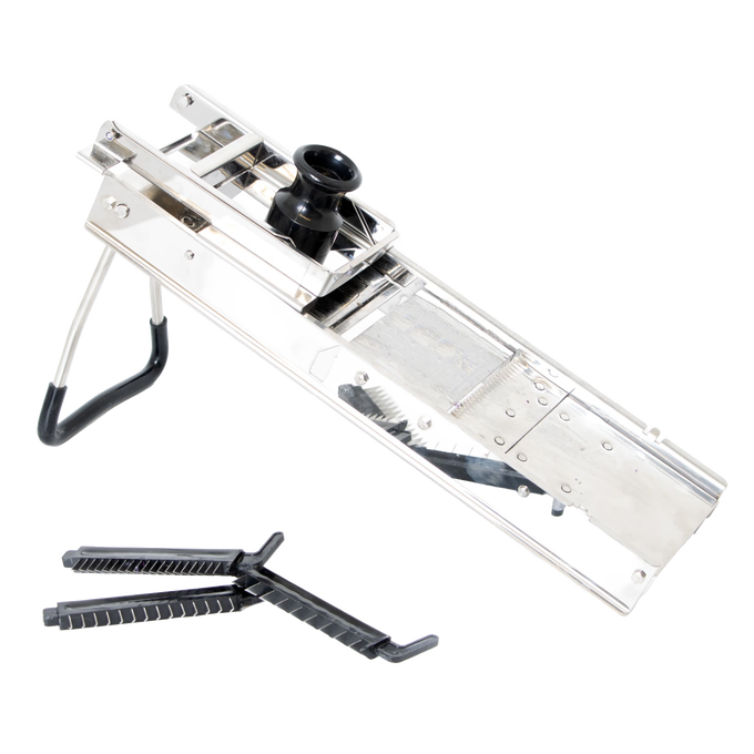 Stainless steel mandoline veggie slicer with black safety holder and interchangeable blades, designed for efficient food prep in Kitchen & Food and Cooking Helpers collections.