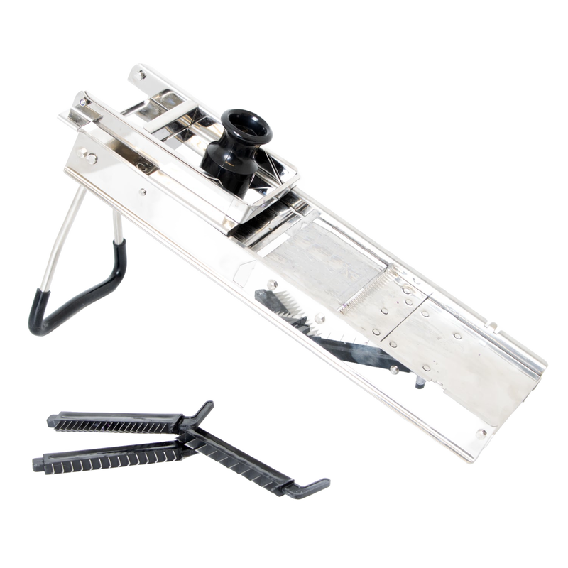 Stainless steel mandoline veggie slicer with black safety holder and interchangeable blades, designed for efficient food prep in Kitchen & Food and Cooking Helpers collections.
